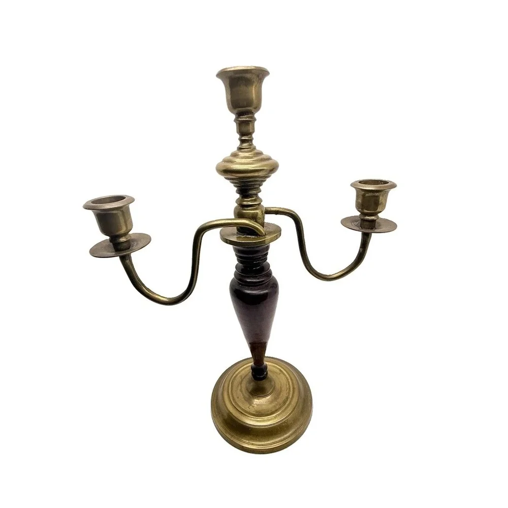 Vintage Brass Mahogany Wood 3 Arm Candelabra Dark Academia English Country